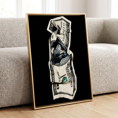 Crumpled Currency, black, white, green minimalist wall art displayed in a styled interior, gallery view 1