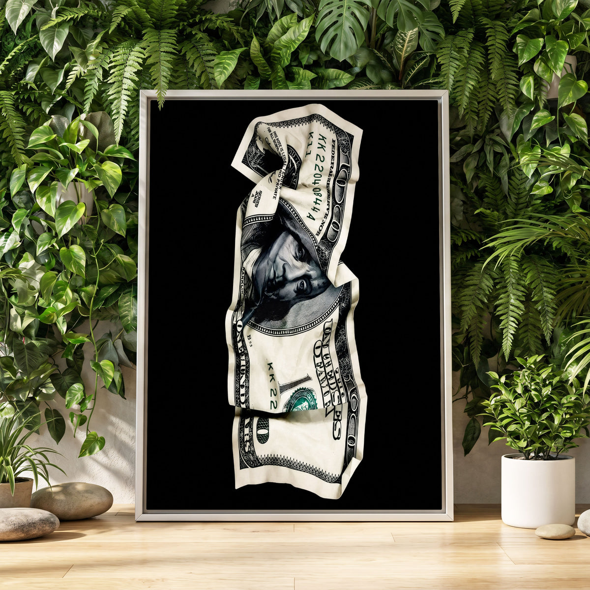 Crumpled Currency, black, white, green minimalist wall art displayed in a styled interior, gallery view 2