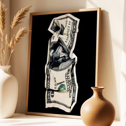 Crumpled Currency, black, white, green minimalist wall art displayed in a styled interior, gallery view 3