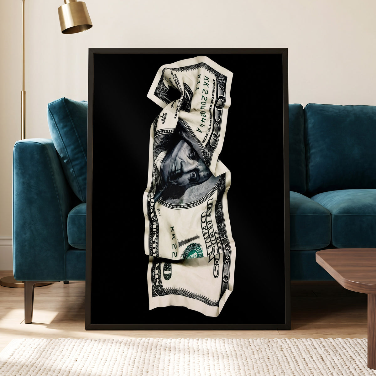 Crumpled Currency, black, white, green minimalist wall art displayed in a styled interior, gallery view 4