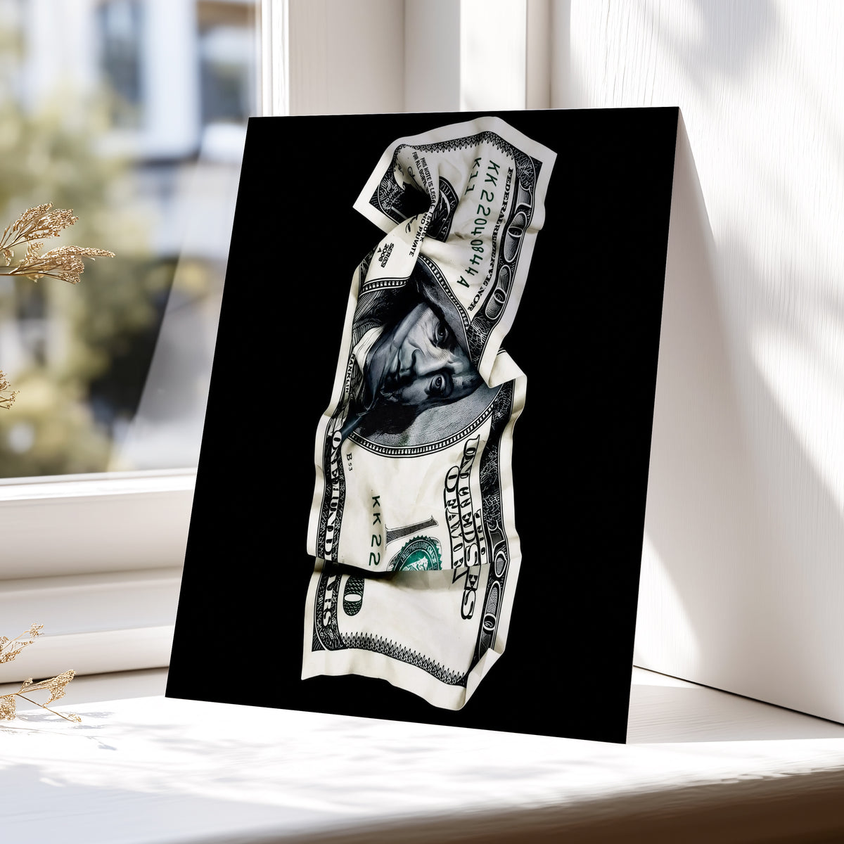 Crumpled Currency, black, white, green minimalist wall art displayed in a styled interior, gallery view 5
