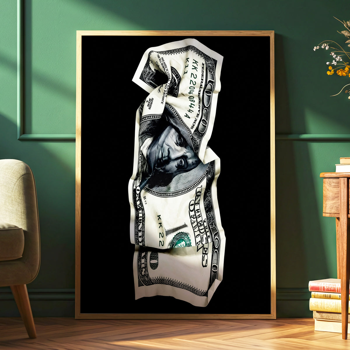 Crumpled Currency, black, white, green minimalist wall art displayed in a styled interior, gallery view 6