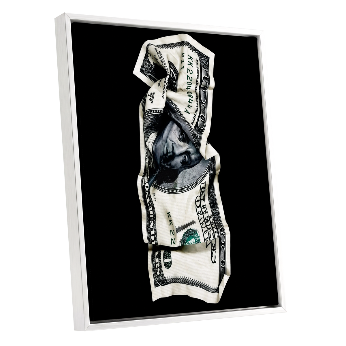 Crumpled Currency, black, white, green minimalist wall art shown as a white framed canvas wall art
