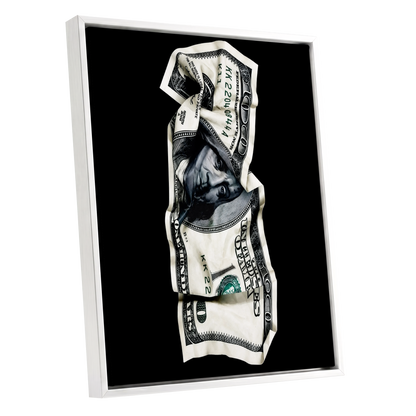 Crumpled Currency, black, white, green minimalist wall art shown as a white framed canvas wall art