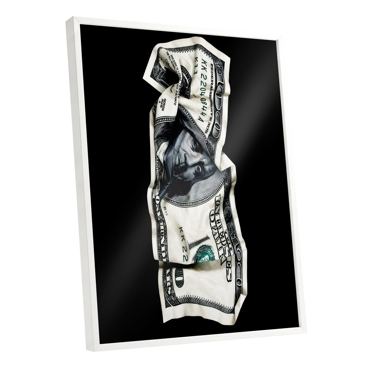 Crumpled Currency, black, white, green minimalist wall art shown as a white framed poster wall art print