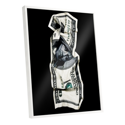 Crumpled Currency, black, white, green minimalist wall art shown as a white framed poster wall art print