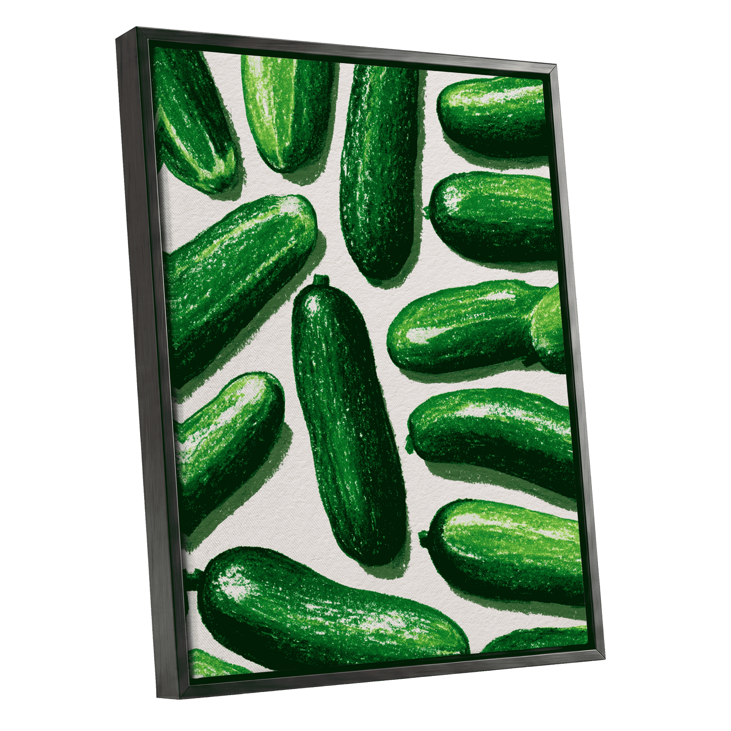 Cucumber Parade, green, beige, white nature wall art shown as a black framed canvas wall art