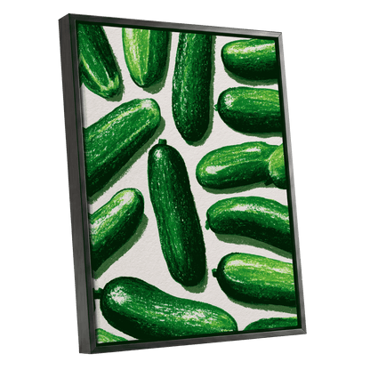 Cucumber Parade, green, beige, white nature wall art shown as a black framed canvas wall art