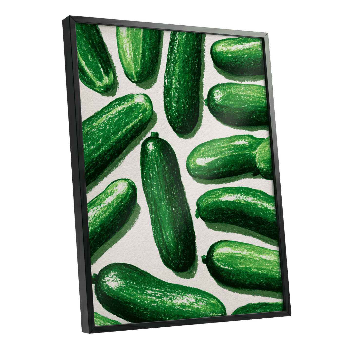 Cucumber Parade, green, beige, white nature wall art shown as a black framed poster wall art print