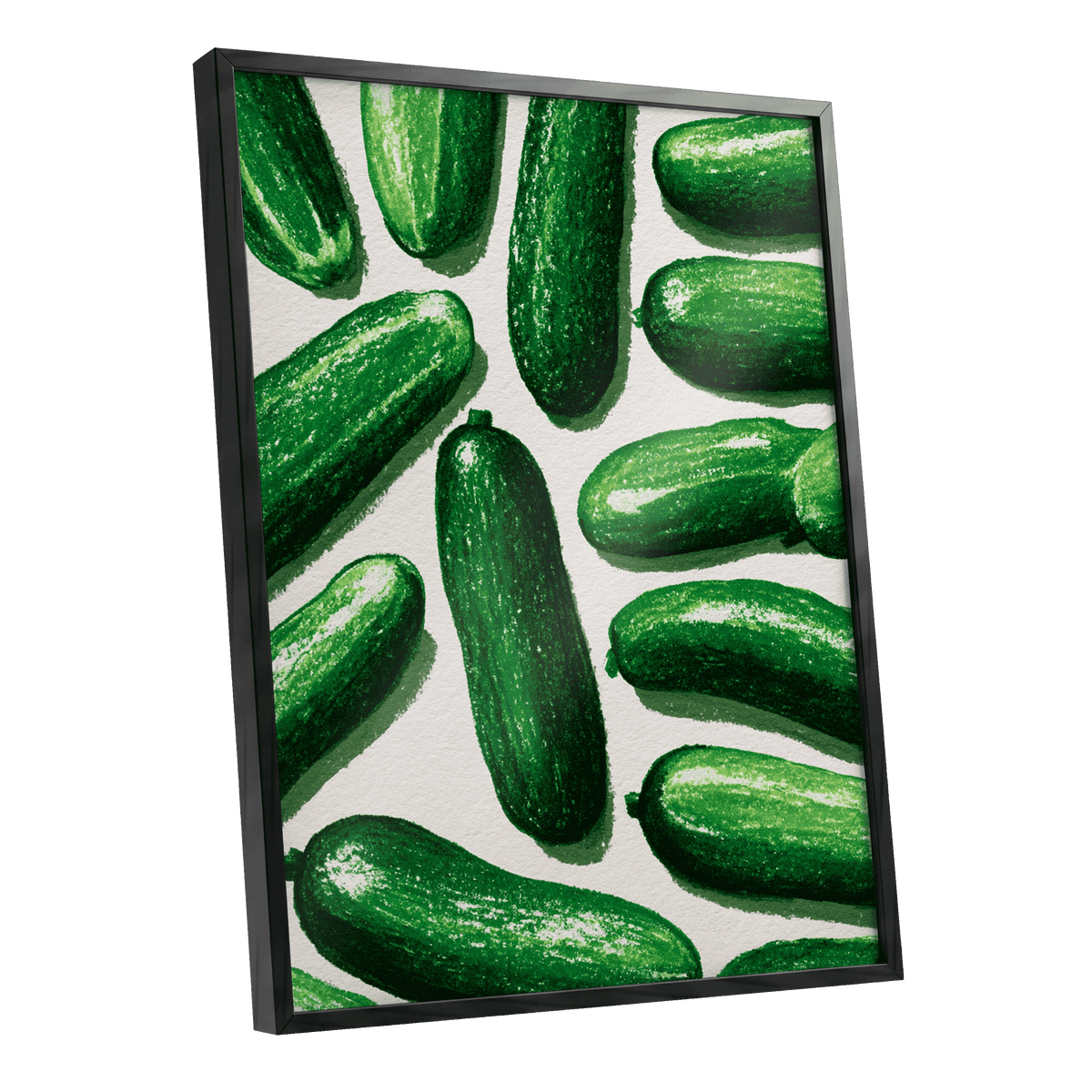 Cucumber Parade, green, beige, white nature wall art shown as a black framed poster wall art print