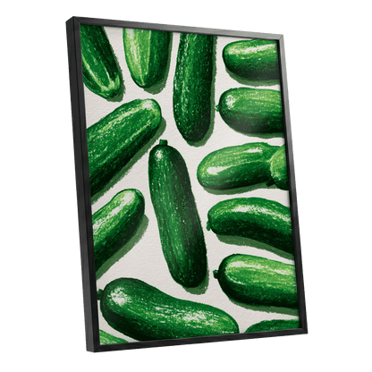 Cucumber Parade, green, beige, white nature wall art shown as a black framed poster wall art print
