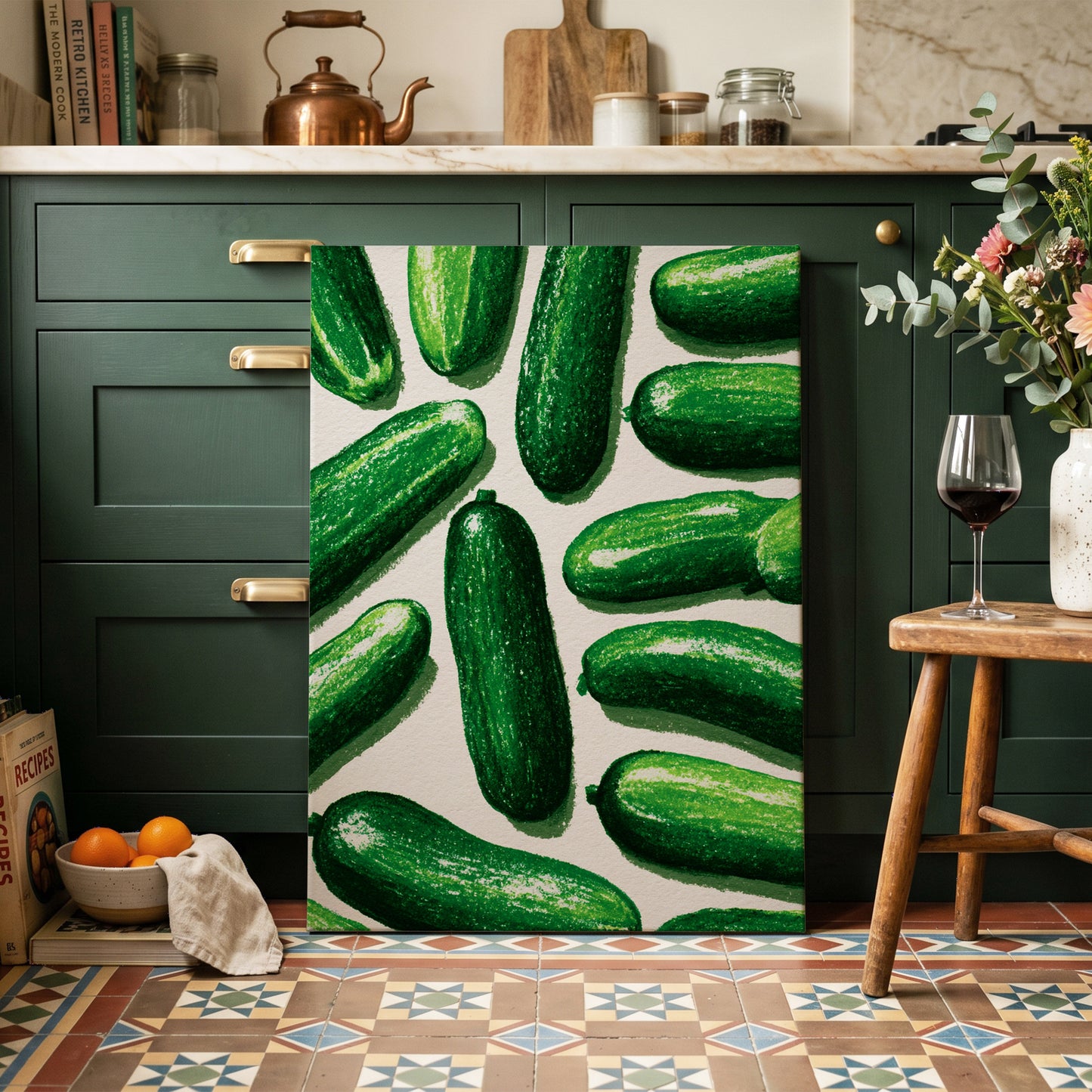 Cucumber Parade, green, beige, white nature wall art on canvas displayed in a styled interior, gallery view 1