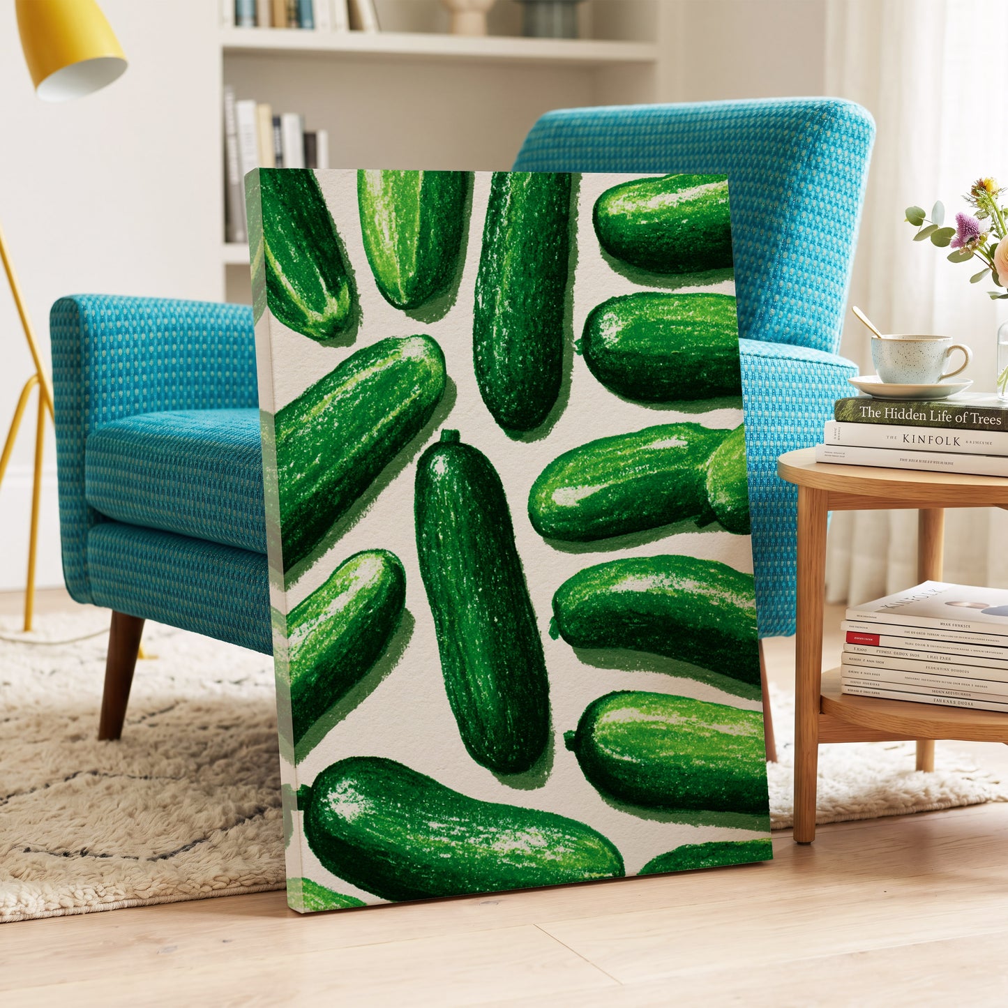 Cucumber Parade, green, beige, white nature wall art on canvas displayed in a styled interior, gallery view 2