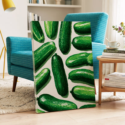 Cucumber Parade, green, beige, white nature wall art on canvas displayed in a styled interior, gallery view 2