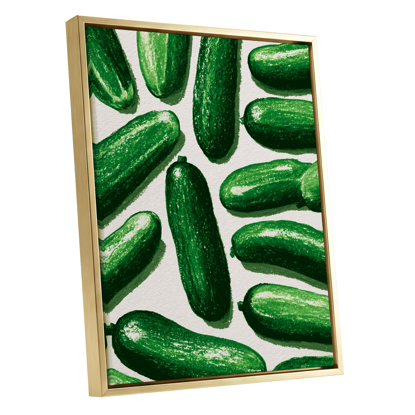 Cucumber Parade, green, beige, white nature wall art shown as a gold framed canvas wall art