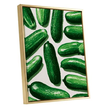 Cucumber Parade, green, beige, white nature wall art shown as a gold framed canvas wall art