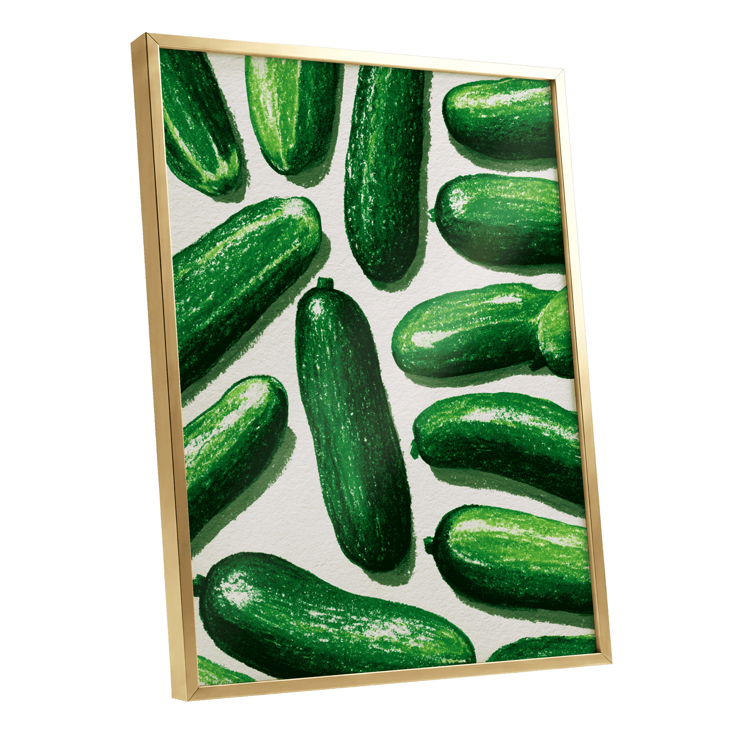 Cucumber Parade, green, beige, white nature wall art shown as a gold framed poster wall art print