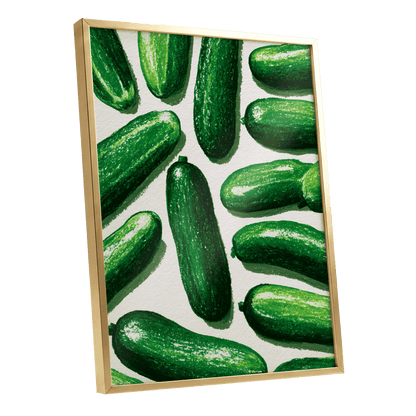 Cucumber Parade, green, beige, white nature wall art shown as a gold framed poster wall art print