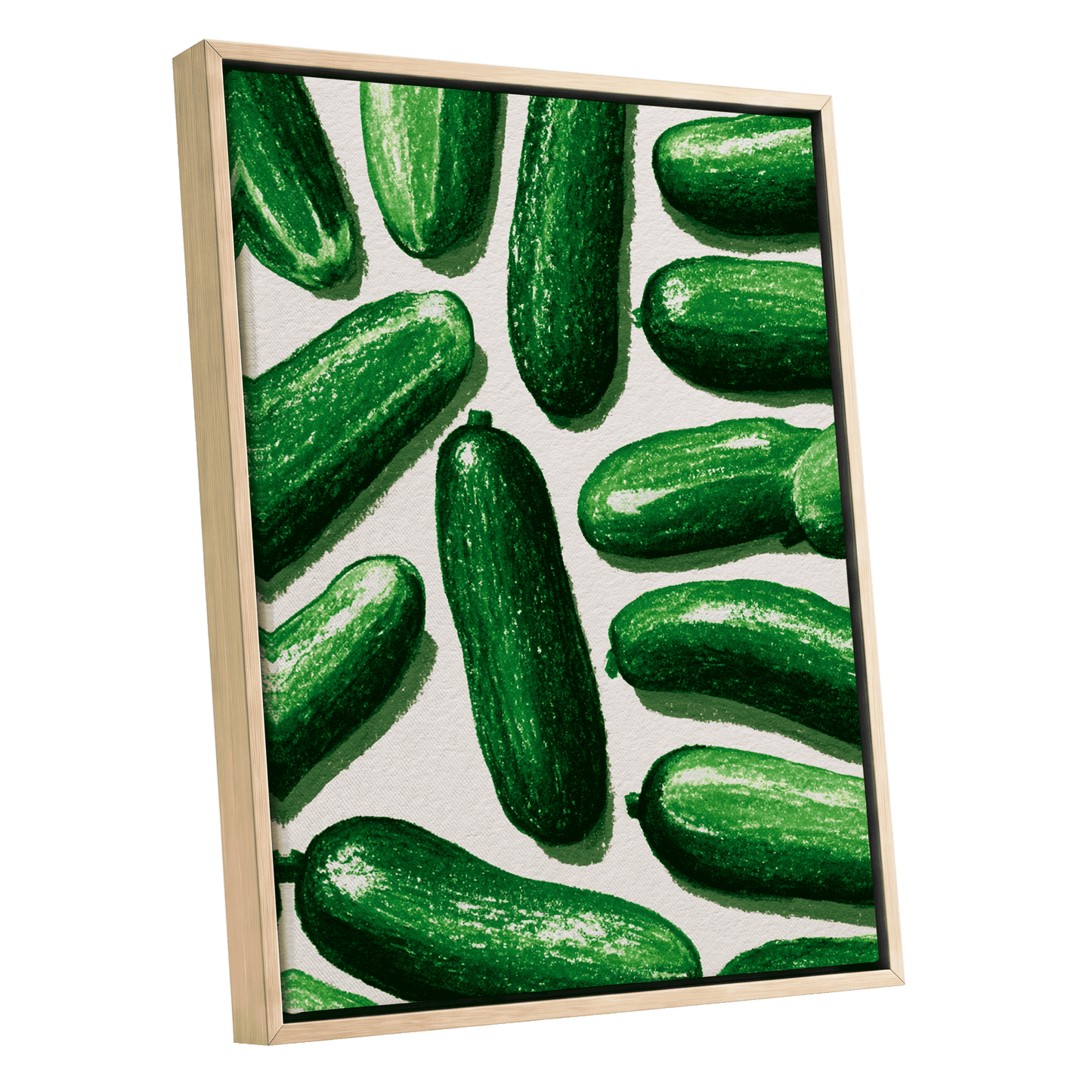 Cucumber Parade, green, beige, white nature wall art shown as a oak framed canvas wall art