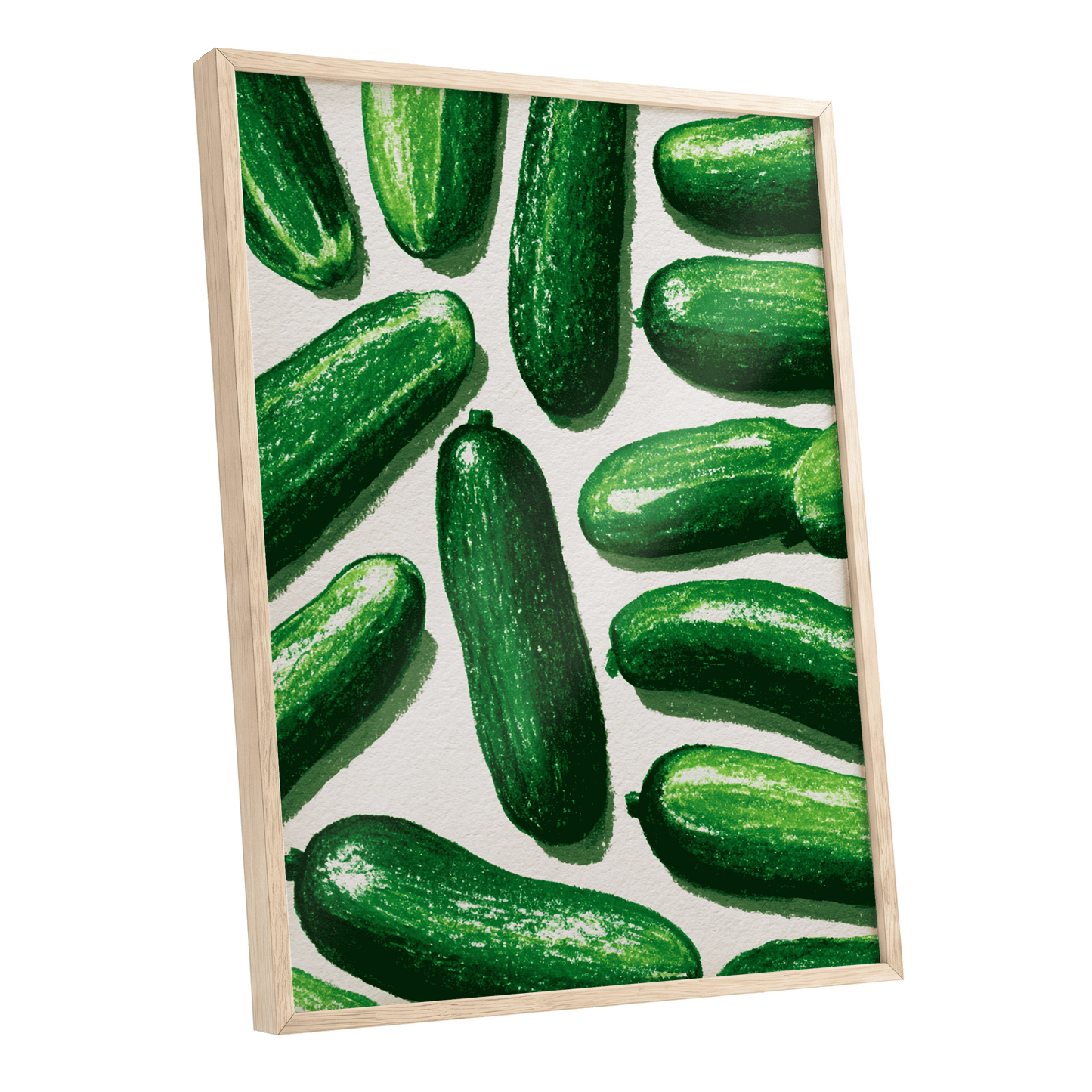 Cucumber Parade, green, beige, white nature wall art shown as a oak framed poster wall art print