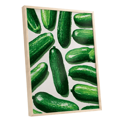 Cucumber Parade, green, beige, white nature wall art shown as a oak framed poster wall art print