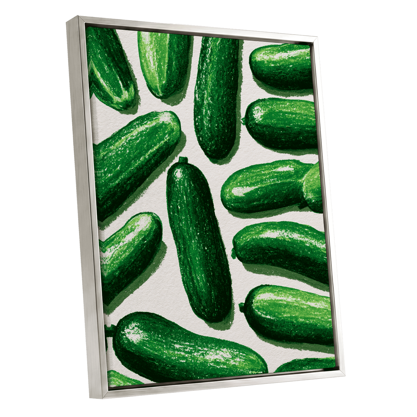 Cucumber Parade, green, beige, white nature wall art shown as a silver framed canvas wall art