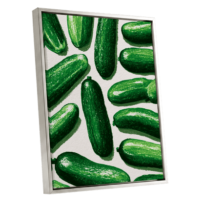 Cucumber Parade, green, beige, white nature wall art shown as a silver framed canvas wall art