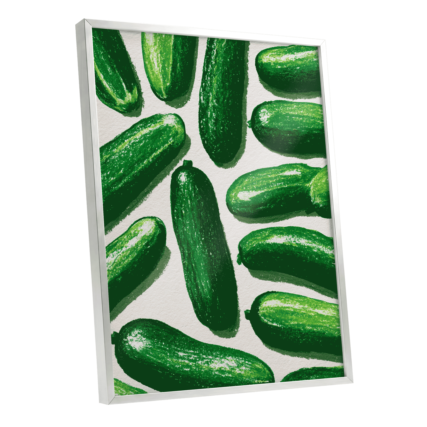 Cucumber Parade, green, beige, white nature wall art shown as a silver framed poster wall art print