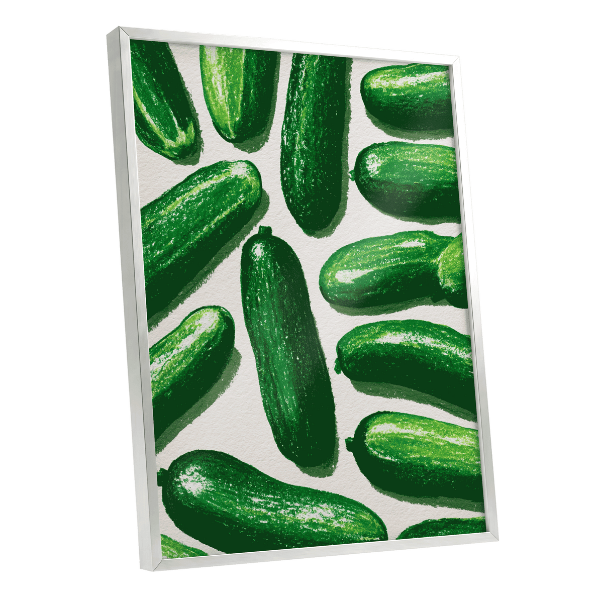 Cucumber Parade, green, beige, white nature wall art shown as a silver framed poster wall art print