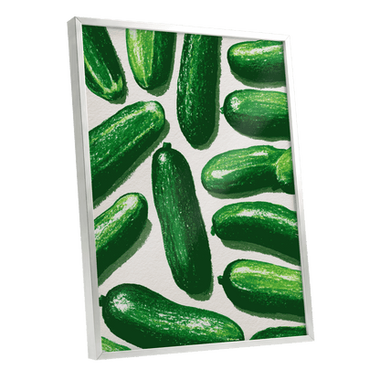 Cucumber Parade, green, beige, white nature wall art shown as a silver framed poster wall art print
