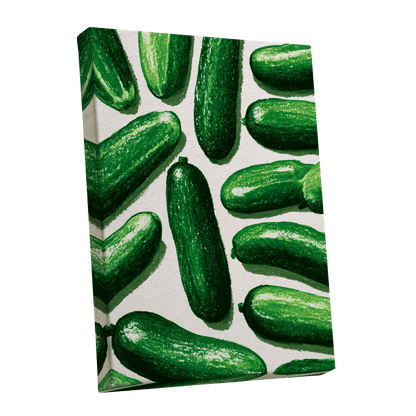 Cucumber Parade, green, beige, white nature wall art shown as a stretched canvas wall art