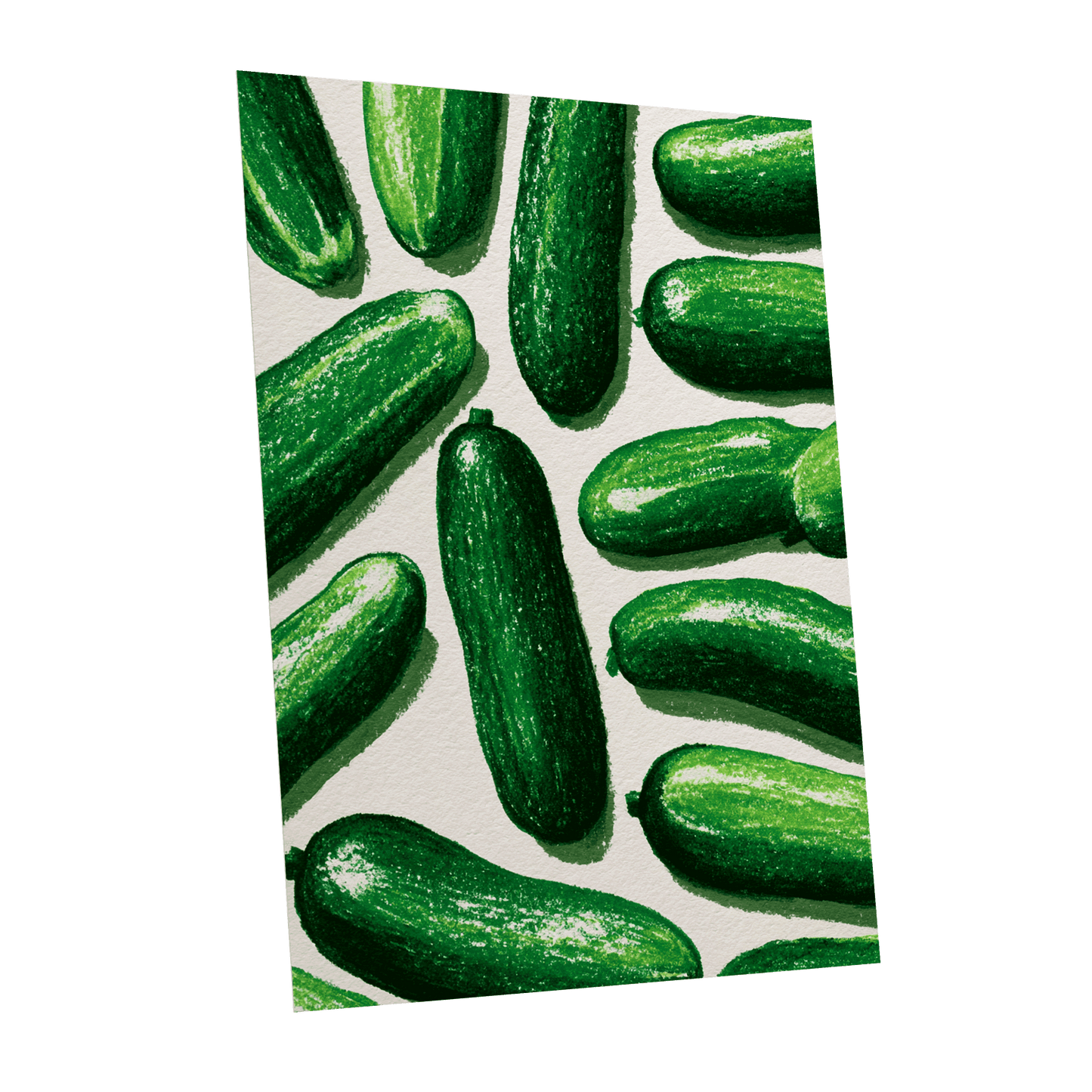 Cucumber Parade, green, beige, white nature wall art shown as a unframed poster wall art print