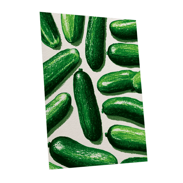 Cucumber Parade, green, beige, white nature wall art shown as a unframed poster wall art print