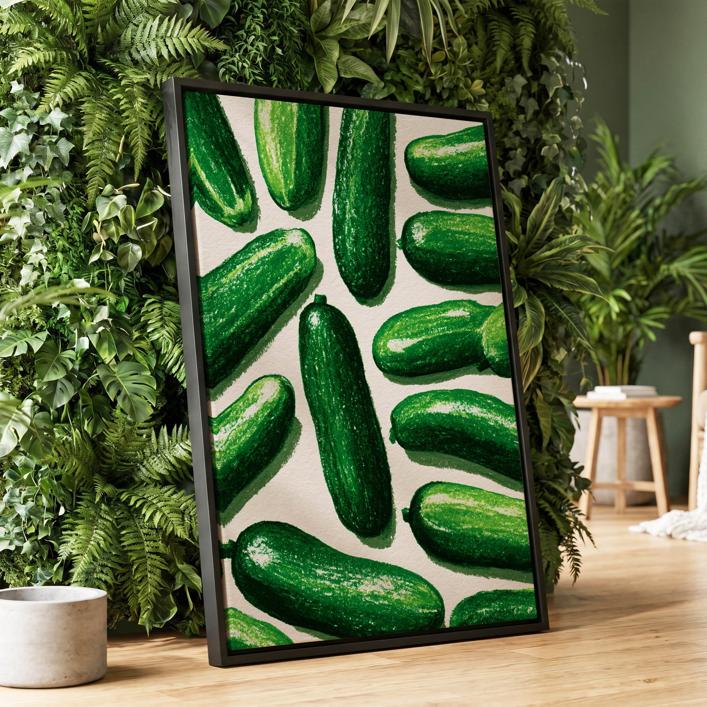 Cucumber Parade, green, beige, white nature wall art displayed in a styled interior, gallery view 1
