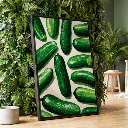 Cucumber Parade, green, beige, white nature wall art displayed in a styled interior, gallery view 1