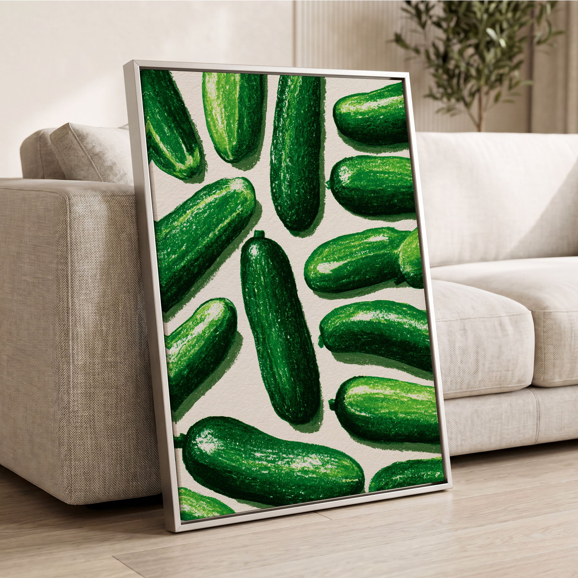 Cucumber Parade, green, beige, white nature wall art displayed in a styled interior, gallery view 2