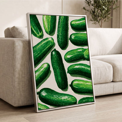 Cucumber Parade, green, beige, white nature wall art displayed in a styled interior, gallery view 2