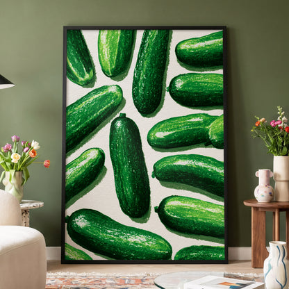 Cucumber Parade, green, beige, white nature wall art displayed in a styled interior, gallery view 4