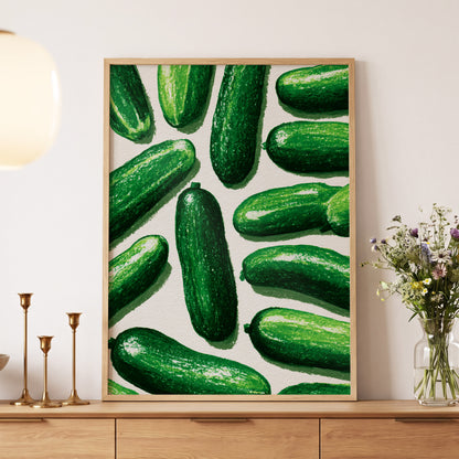 Cucumber Parade, green, beige, white nature wall art displayed in a styled interior, gallery view 5