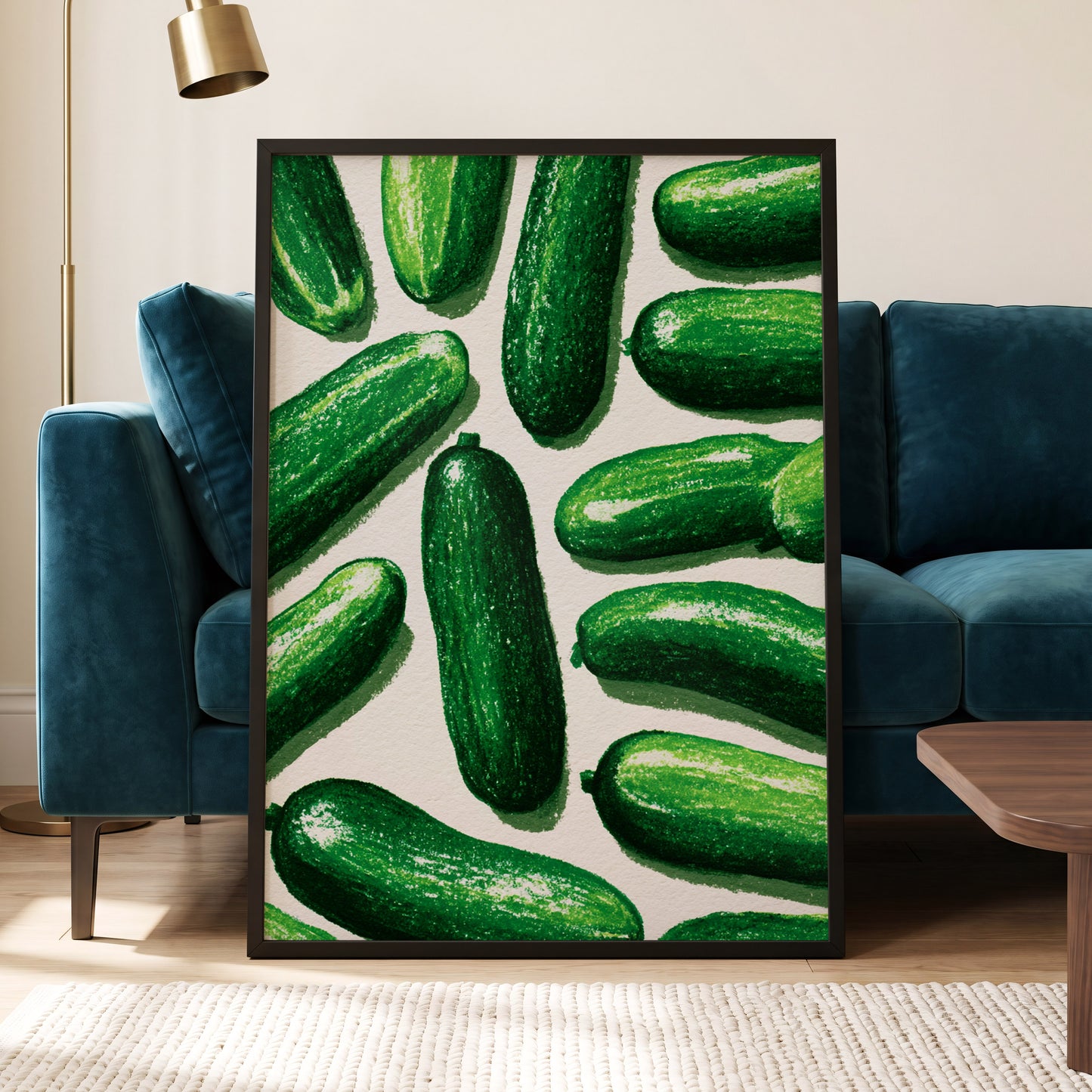 Cucumber Parade, green, beige, white nature wall art displayed in a styled interior, gallery view 6