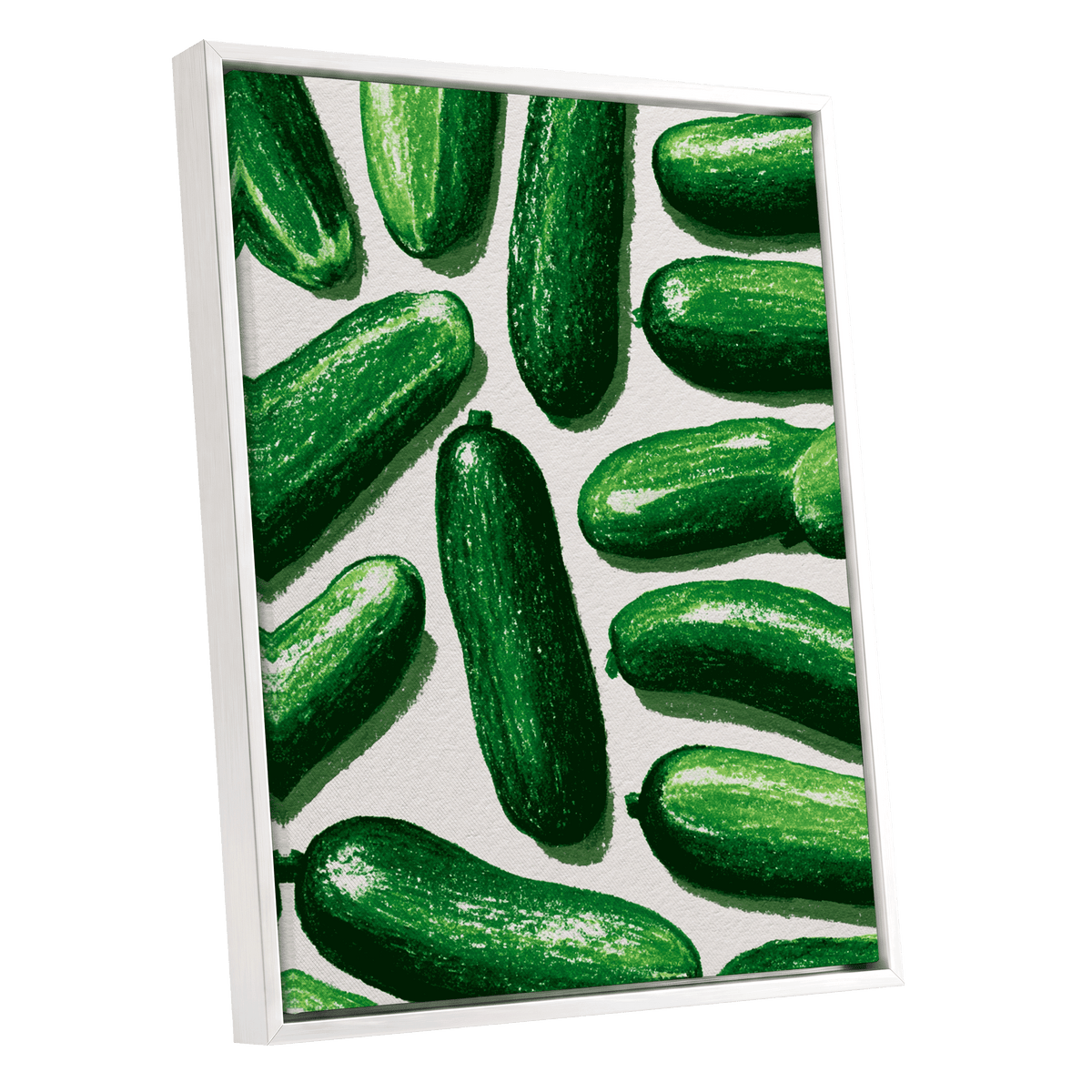 Cucumber Parade, green, beige, white nature wall art shown as a white framed canvas wall art