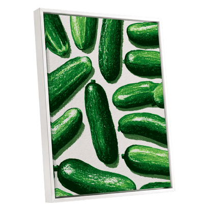 Cucumber Parade, green, beige, white nature wall art shown as a white framed canvas wall art