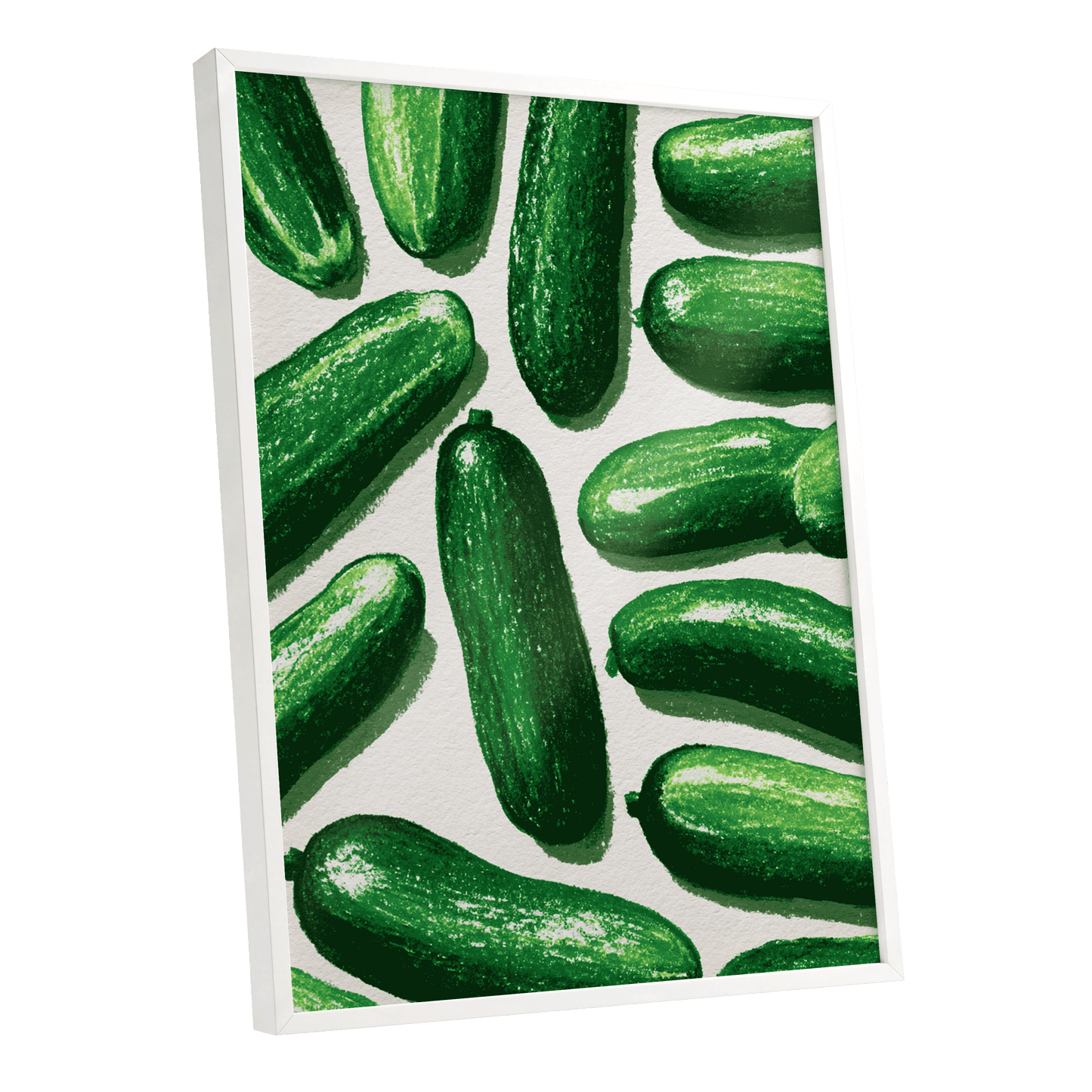 Cucumber Parade, green, beige, white nature wall art shown as a white framed poster wall art print