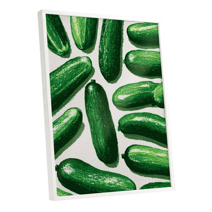 Cucumber Parade, green, beige, white nature wall art shown as a white framed poster wall art print