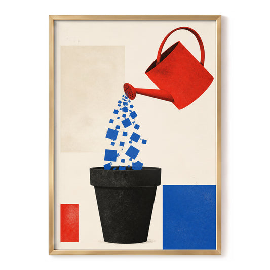 Cultivating Blue, black, beige, red nature wall art, front artwork view