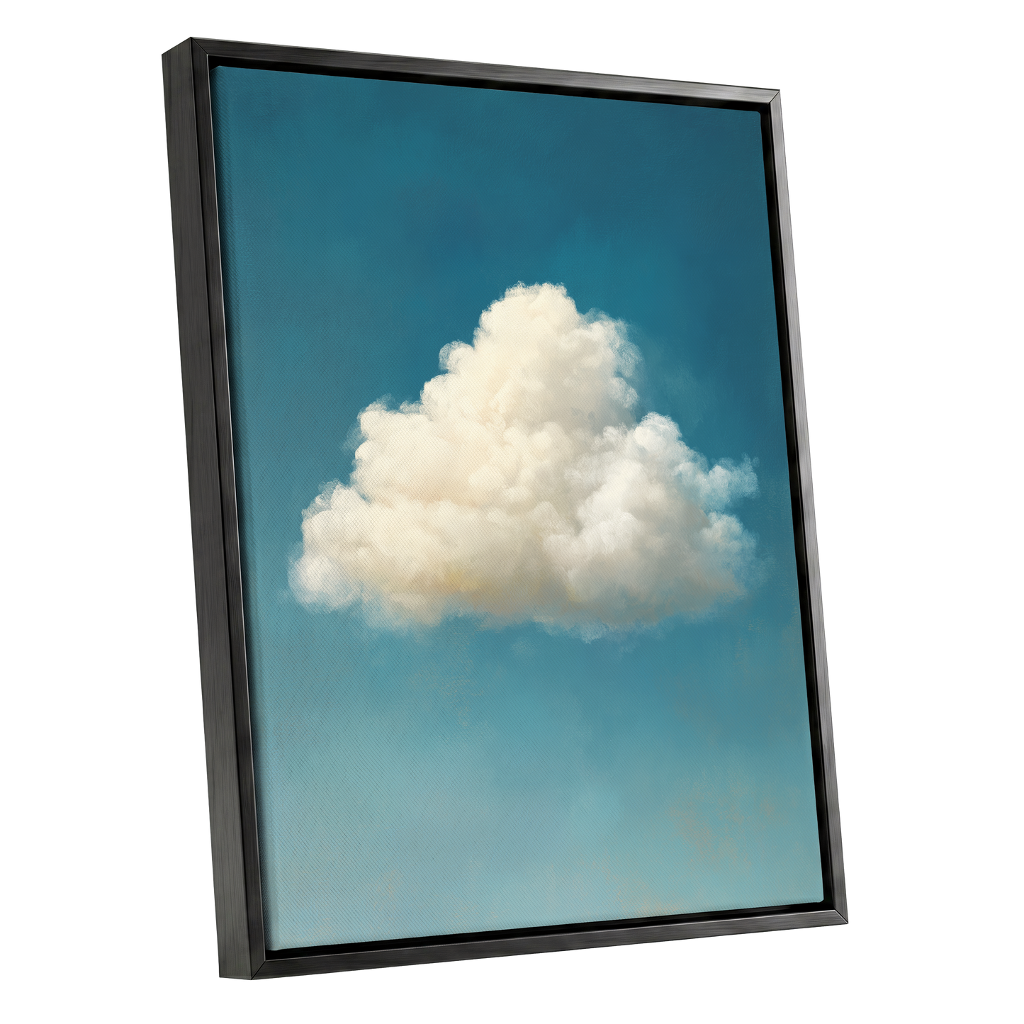 Cumulus in Open Air, blue, white, beige nature wall art shown as a black framed canvas wall art