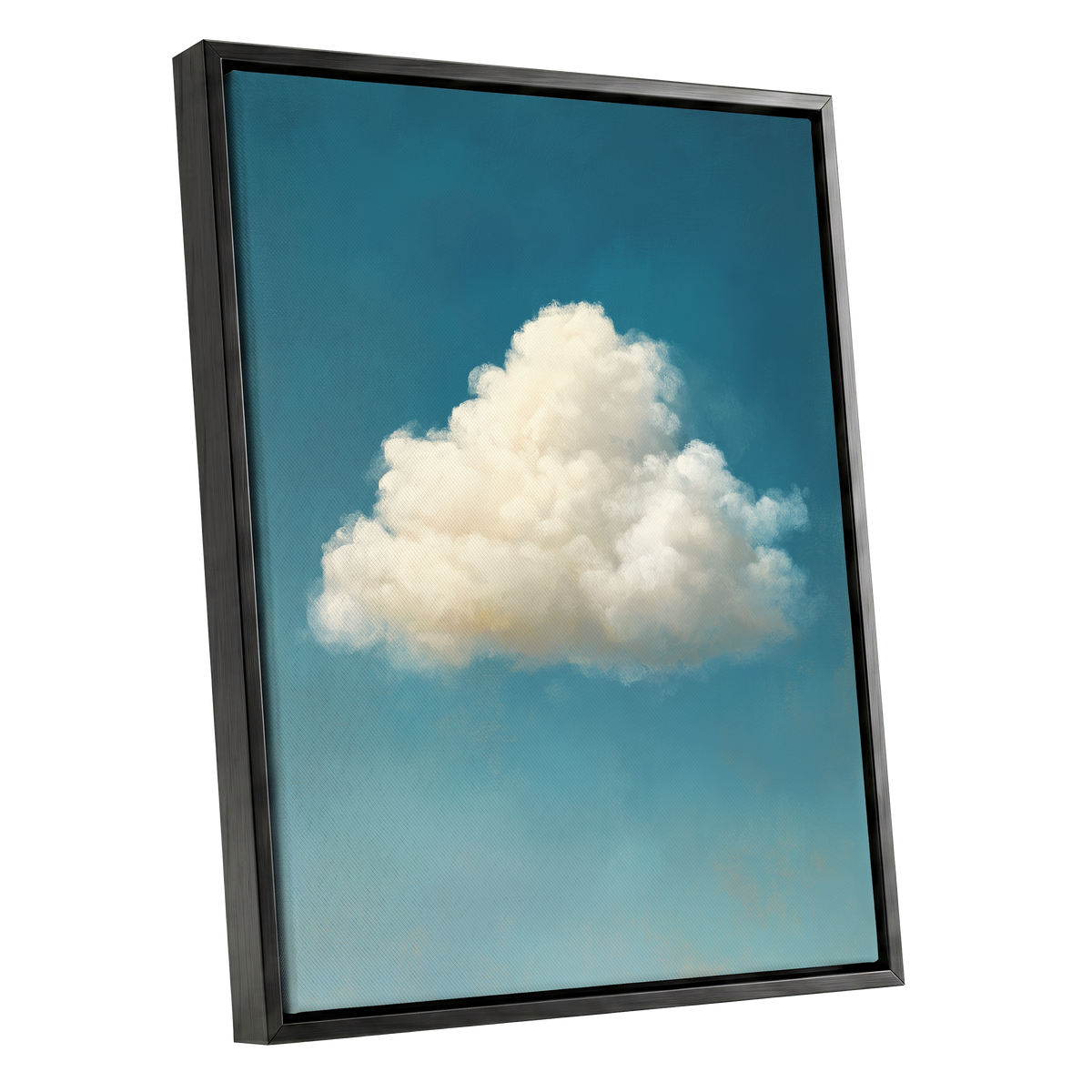 Cumulus in Open Air, blue, white, beige nature wall art shown as a black framed canvas wall art