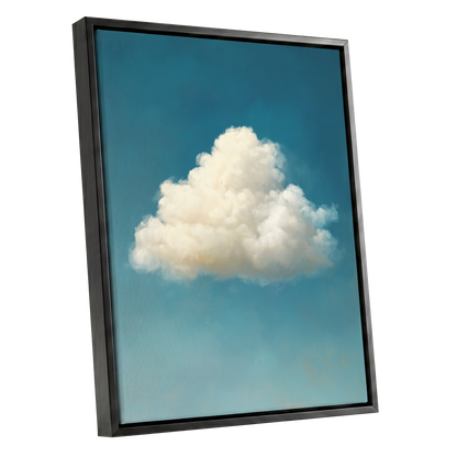 Cumulus in Open Air, blue, white, beige nature wall art shown as a black framed canvas wall art
