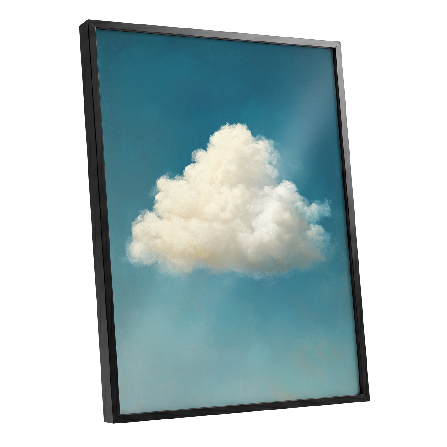 Cumulus in Open Air, blue, white, beige nature wall art shown as a black framed poster wall art print