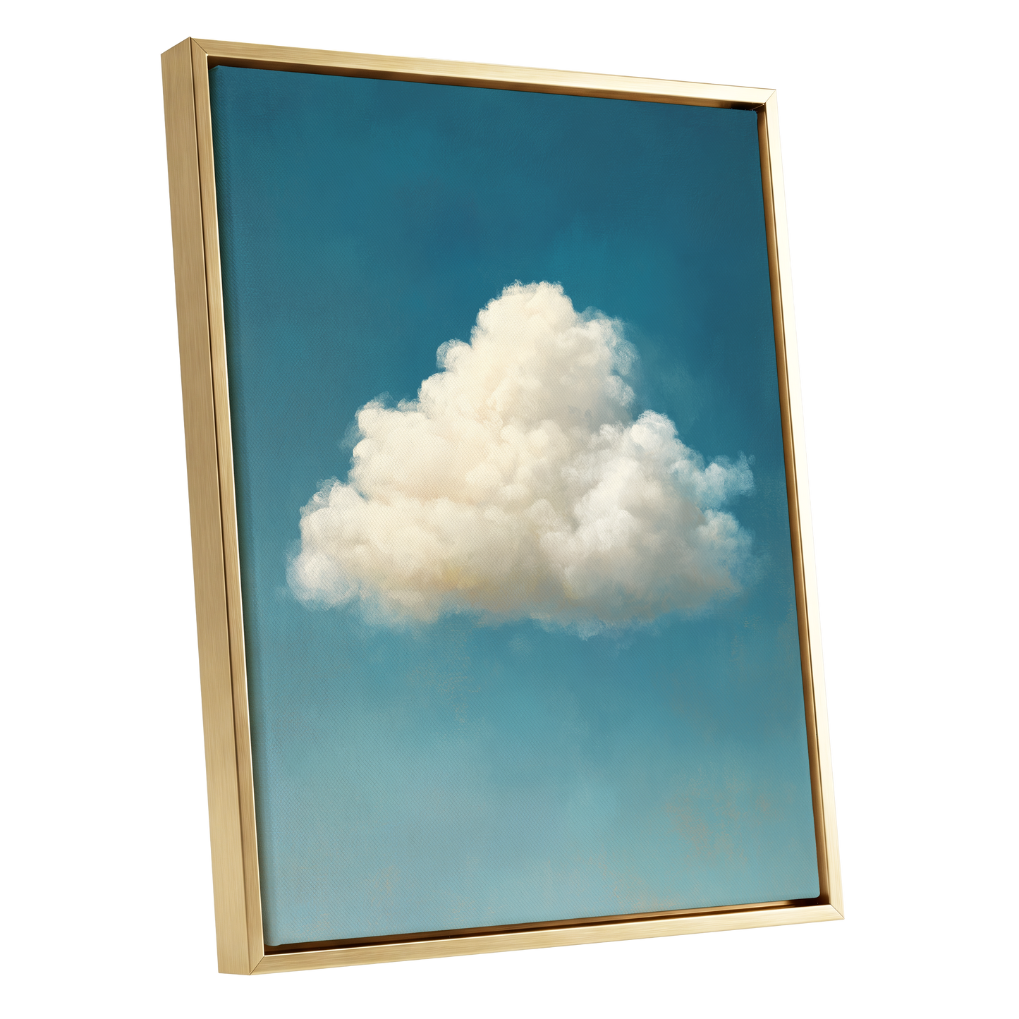 Cumulus in Open Air, blue, white, beige nature wall art shown as a gold framed canvas wall art
